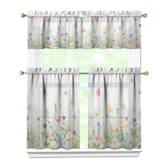 Fresh Flowers and Butterflies2(1) Kitchen Curtain Valance 3 Piece Home Curtains and Valance Set Curtain Sink Window Decor Window Treatment Tier 27.5x36 Length