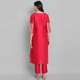 thumbnail image 5 of Janasya Indian V-Neck 3/4 Sleeve Floral Print Pink Poly Silk Kurta With Pant And Dupatta For Women, 5 of 8