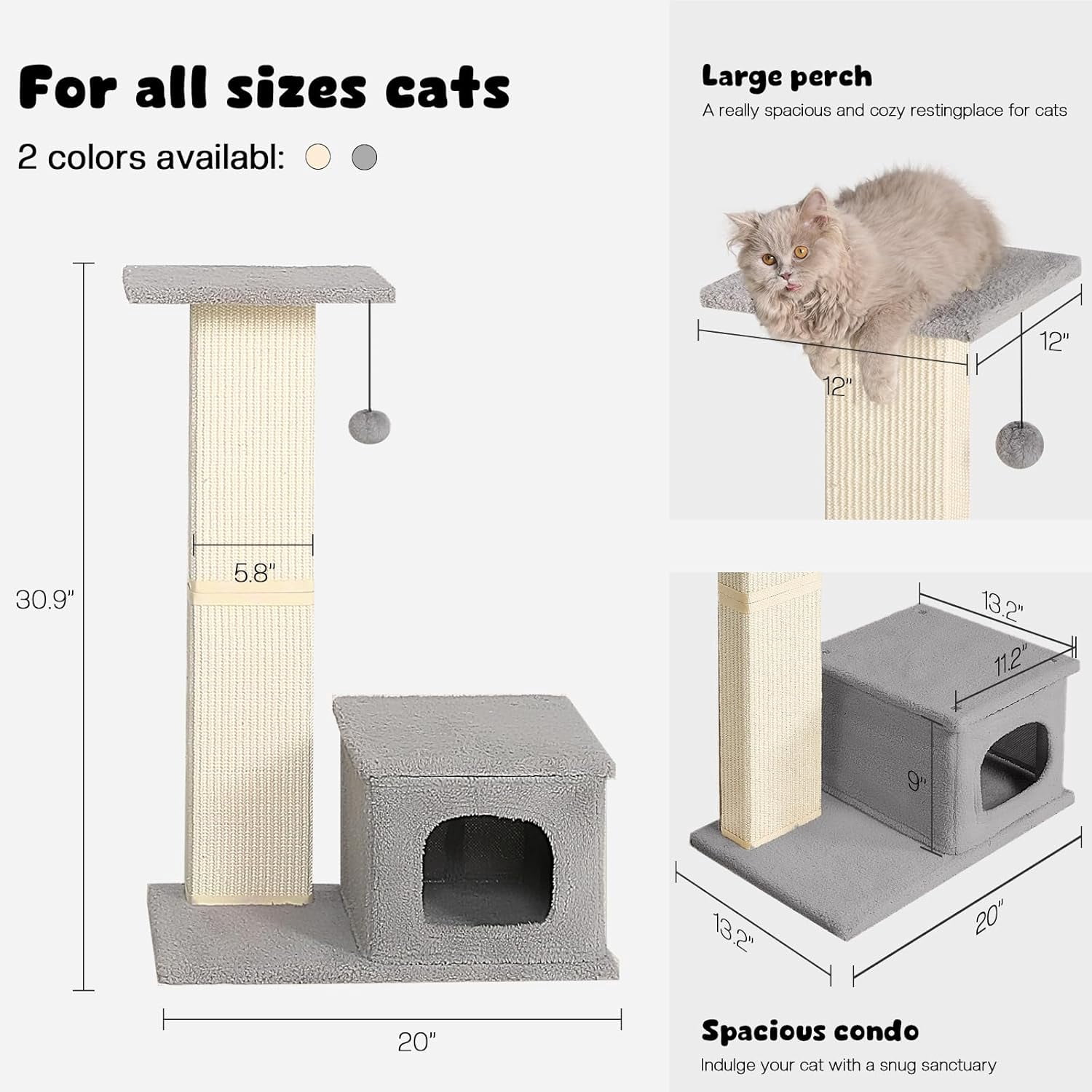 Cat Scratching Post with Perch, Sisal Cat Scratchers for Indoor Cats, Large Cat Scratching Post with Fluffy Ball, 31 Inches Tall Cat Scratching Tower, Gray