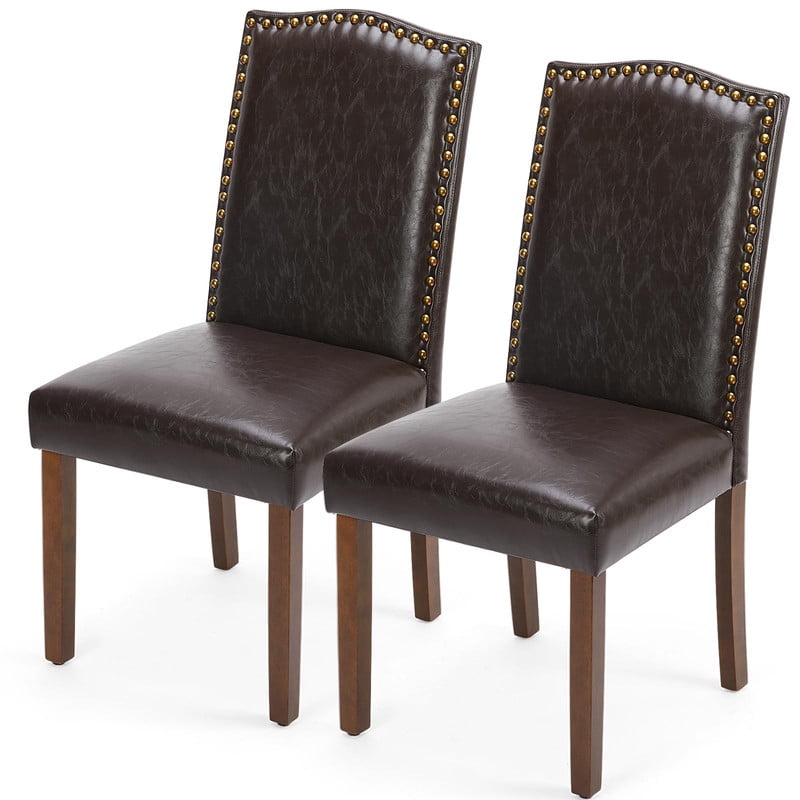 BEAUTYPEAK Dining Chairs Set of 2 Upholstered Parsons Chairs with Nailhead Trim Padded Leather Seats and Wood Legs, Brown