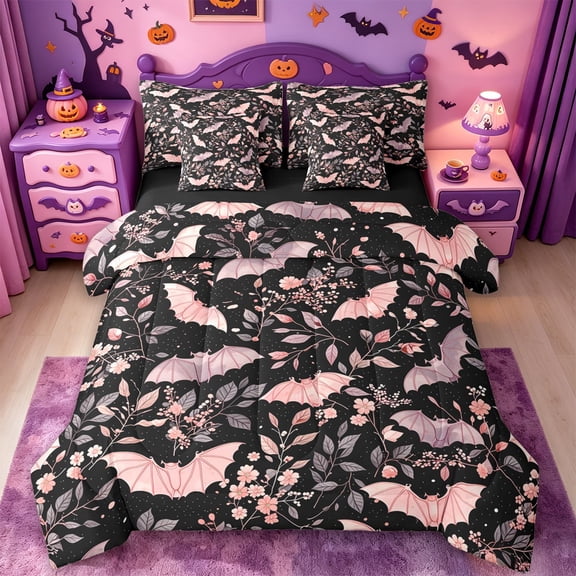 Homewish Halloween Pink Bat 7-Piece Twin Bedding,Floral Vine Print Bedding Comforter Set,Black Blush,Black Reversible