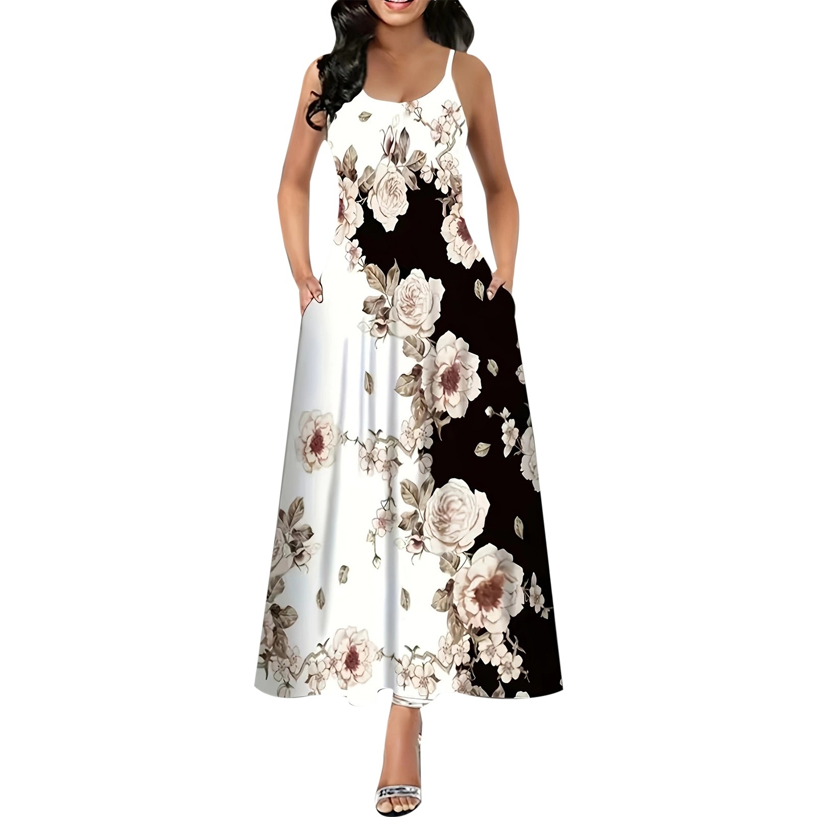 TSADFHJI Jupes en Jean pour Femmes Midi Florale Poche Col Rond Bretelles Jupe Longue TG Blanc