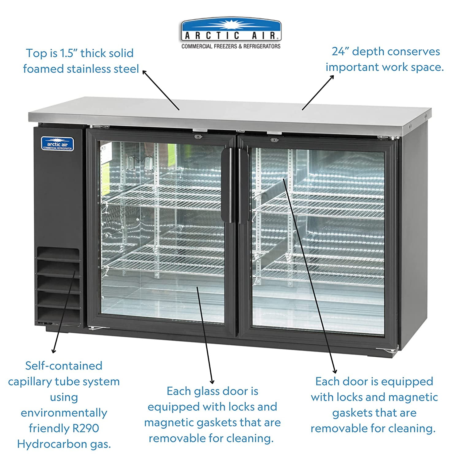 Arctic Air ABB60G, Back Bar Refrigerator, Glass Doors, two-section, Interior LED Lighting, NSF Certified