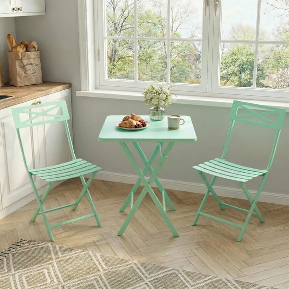 3-Piece Folding Bistro Set, Indoor & Outdoor Space Saving Patio Table and Chairs Set, Rust Resistant Metal Foldable Bistro Furniture for Patio Garden Balcony Poolside
