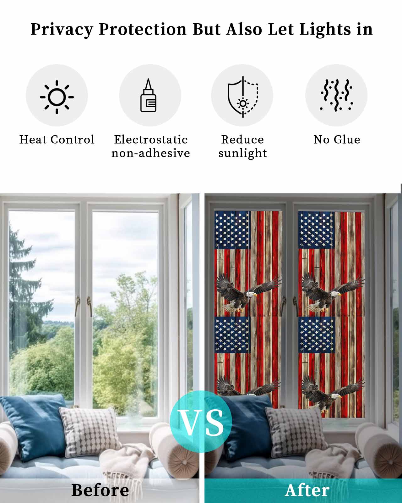 American Flag Window Privacy Film Stained Glass Window Film Decorative Windows Cover Static Windows Cling for Glass Door Eagle Blue Red USA Flag Retro Stickers for Bathroom 23.6"x78.7"