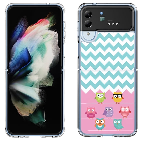 Shockproof Bumper Phone Case for Samsung Galaxy Z Flip 4 5G, by OneToughShield ® - Chevron/Teal/Owl