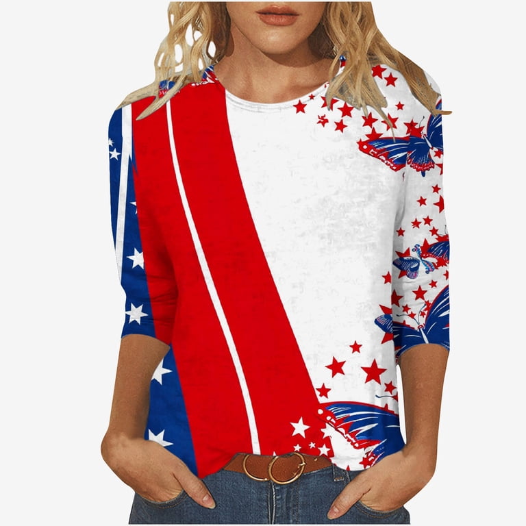 Women's Distressed 4th Of July Shirt - USA Stars Patriotic Lace Strapless Top, Blue, Casual Holiday Tee