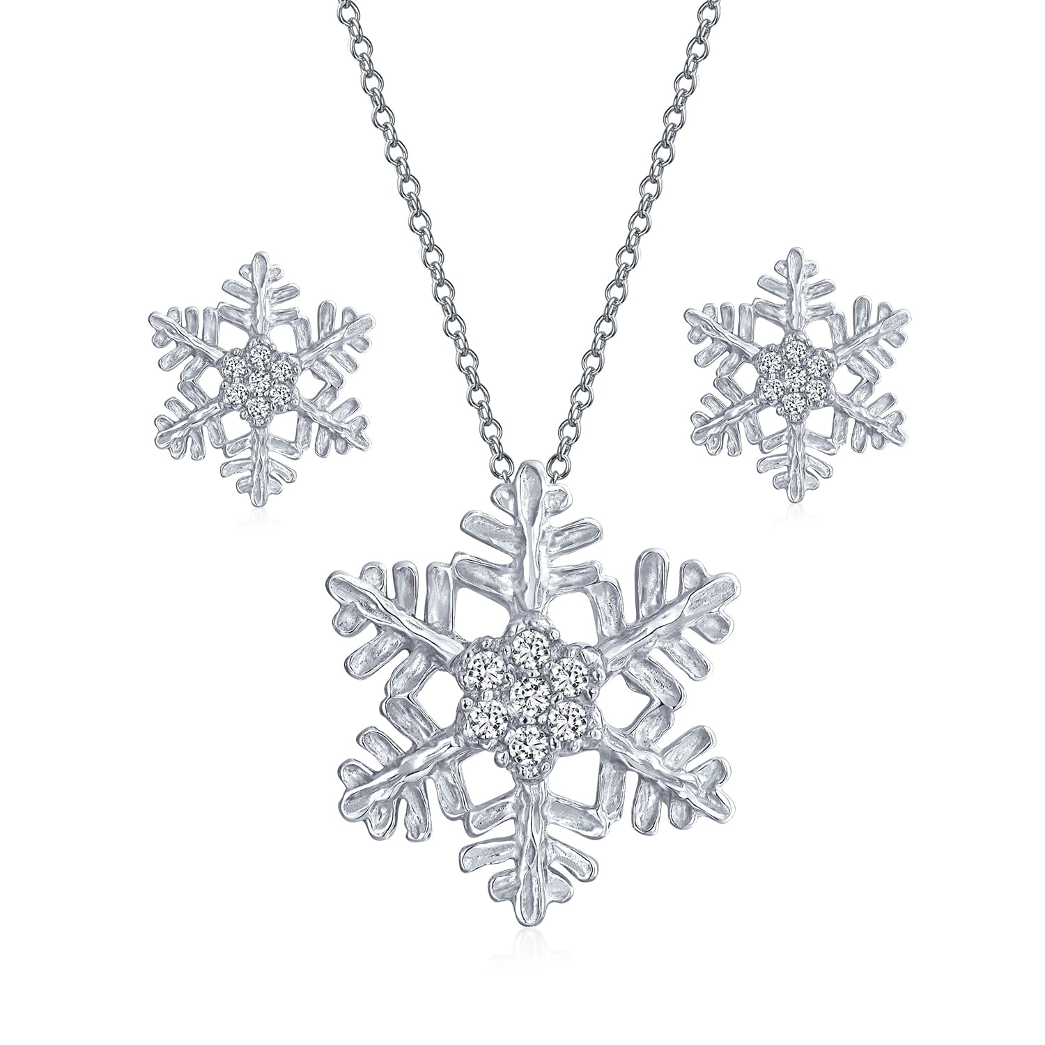 Sterling Silver 925 Snowflake CZ Necklace & Earrings Set Christmas Jewelry N108
