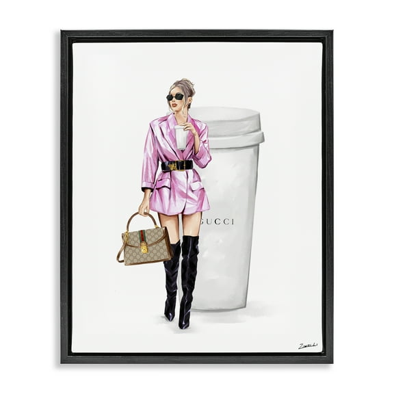 Stupell Industries Glam Woman with Coffee People Painting Black Floater Framed Canvas Art Print Wall Art, 17 x 21