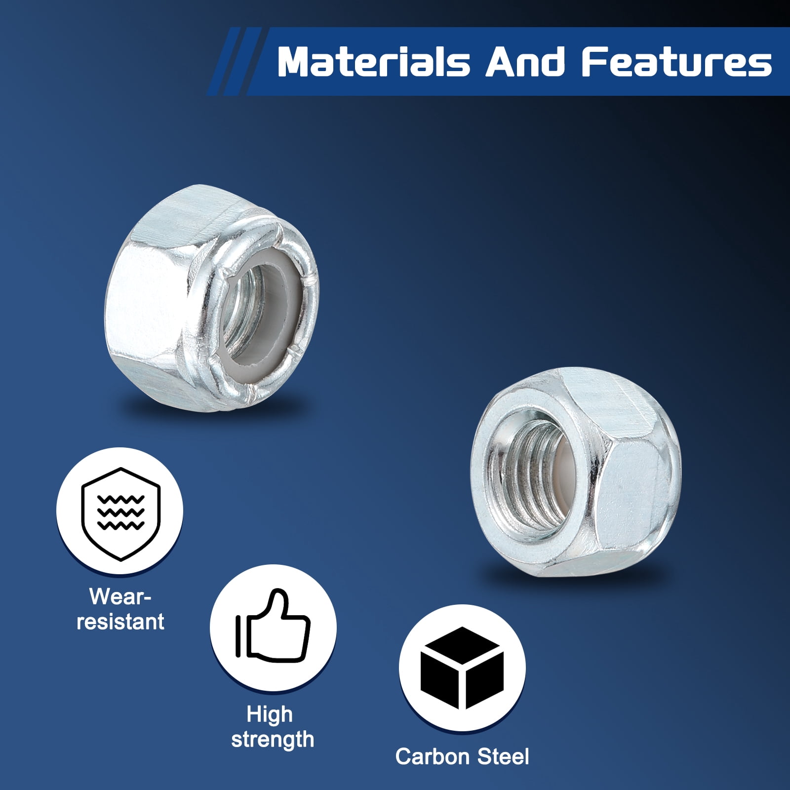 150Pcs Nylon Lock Nuts Kit [#10,1/4"-20,1/4"-28,5/16",3/8",1/2"] Carbon steel Hardware Nuts, bluish white, for Automotive, Aerospace, Industrial Applications  Use