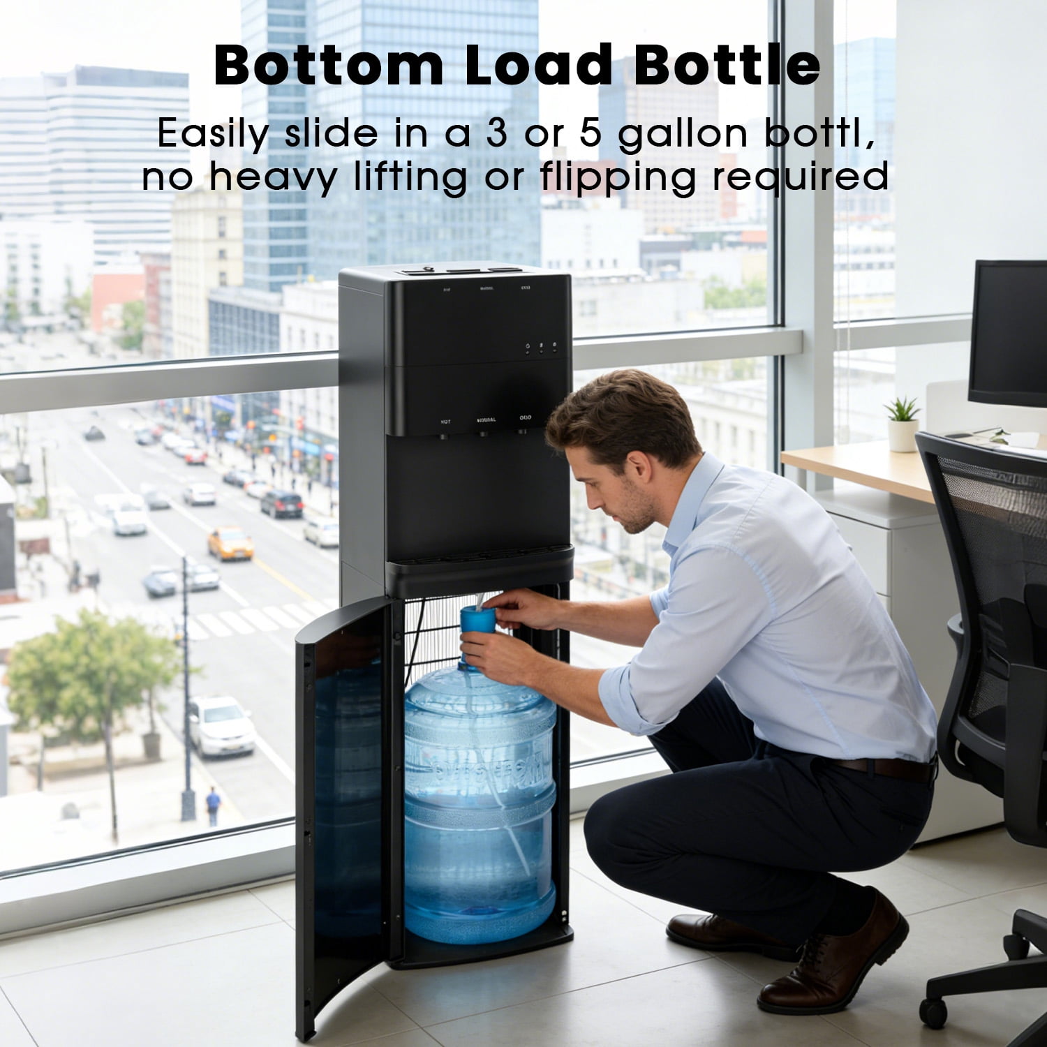 Water Dispenser for 3 and 5 Gallon Bottles – Bottom Load Water Machine with Hot, Cold & Room Temperature Options, Self-Cleaning & Safe Design, Silver