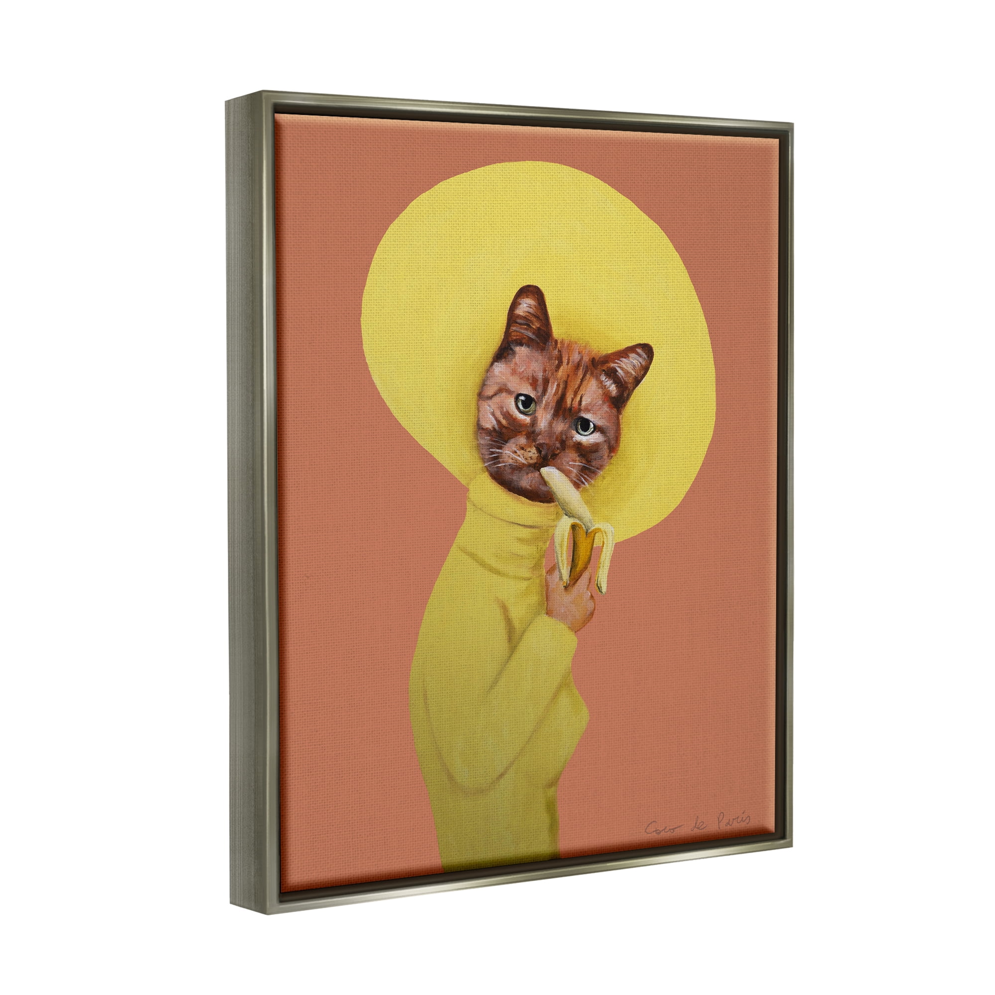 Stupell Industries Yellow Cat Eating Banana Painting Animals & Insects Painting Gray Floater Framed Art Print Wall Art