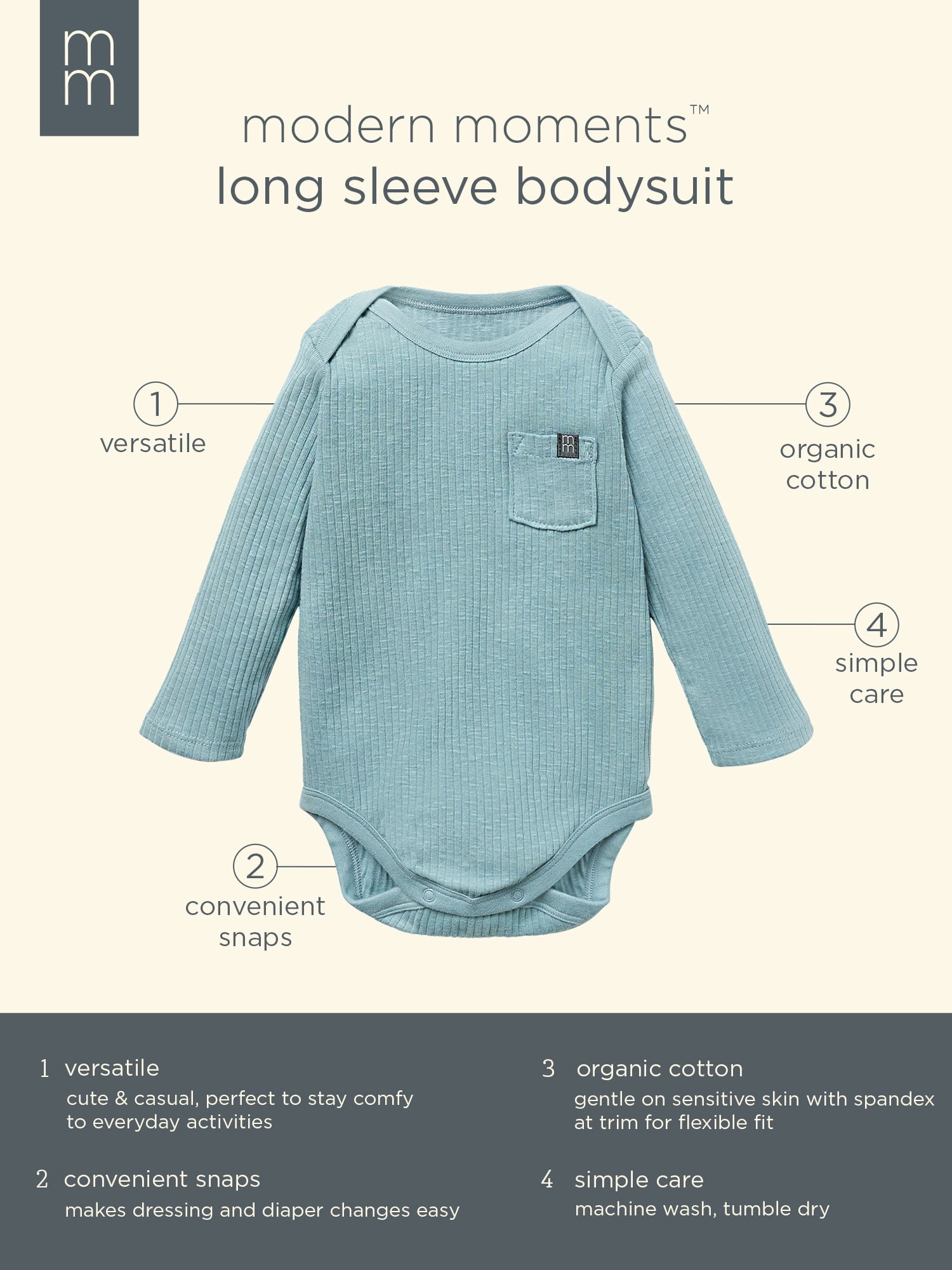 Modern Moments by Gerber Baby Neutral Organic Long Sleeve Bodysuit, 0/3 Months - 24 Months