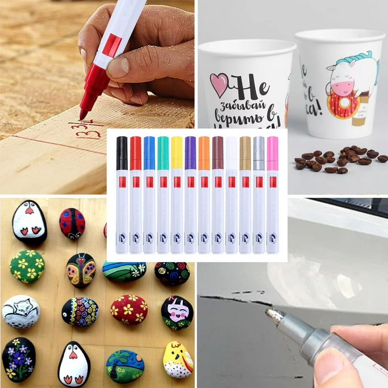 Permanent Paint Markers Set - 12 Colors - Oil-Based - High Permanence - Marker Pens for Glass, Use on Metal, Wood, Porcelain, Plastic, Pottery, Fabric