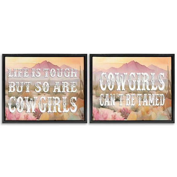 Stupell Industries Tough Cowgirls Phrases Landscape & Nature Painting Black Floater Framed Canvas Art Print Wall Art, 21 x 17, Set of 2