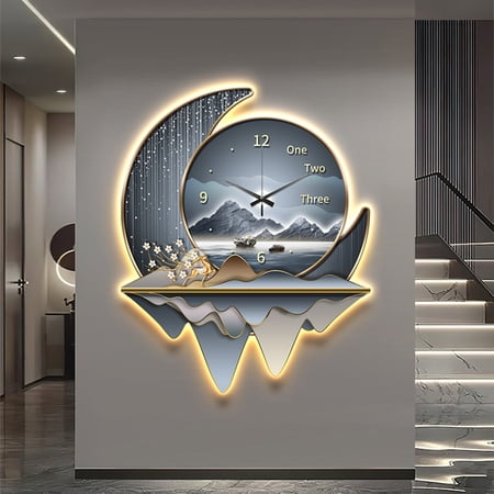 3D LED Wall Clock for Living Room,Large Gold Decorative Wall Clock with Light,Creative Silent Clock Battery Operated for Kitchen/Entryway/Bedroom
