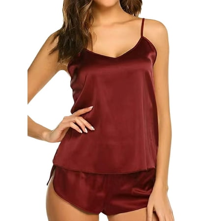 

Carolilly Women’s 2 Pcs Pajama Set Sleeveless Spaghetti Strap V Neck Cami Tops +Shorts Set