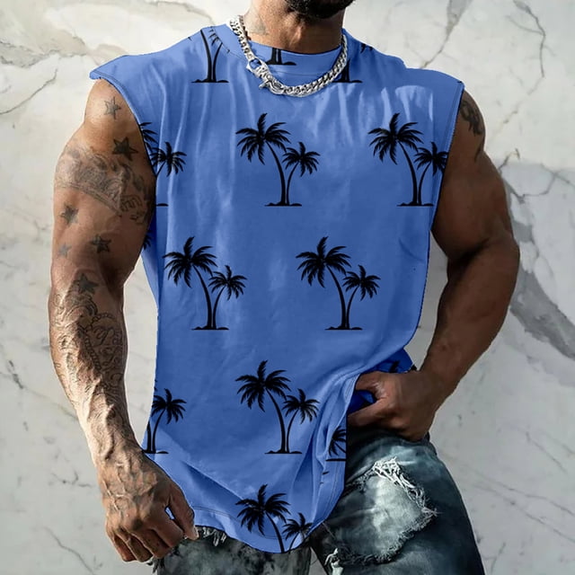 TIMIFIS Tank Tops for Men Palm Tree Printed Graphic Tropical Sleeveless Lightweight Loose Workout Muscle Gym Tanks - Spring/Summer