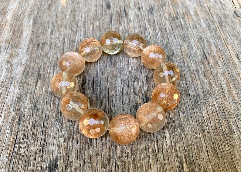 Natural Confetti Sunstone 16mm Round Shape Faceted Cut Beads Stretchable Bracelet for Men & Women.