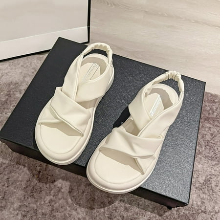 

PEASKJP Black Sandals Ladies Bohemian Summer Open Toe Round Toe Thick Sole Casual Beach Sandals Platform Sandals White 7