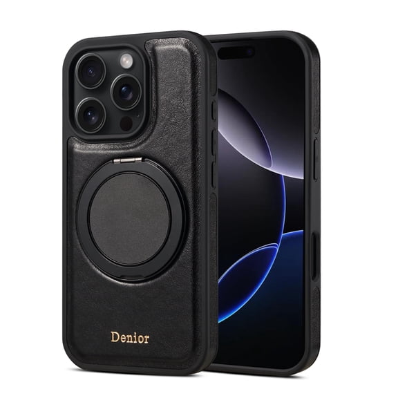 Magnetic PU Leather Case For iPhone 15 Pro Max with Ring Kickstand, Slim Luxury PU Back Cover Compatible with MagSafe Charger, Heavy Duty Shockproof Business Protective Phone Case,Black
