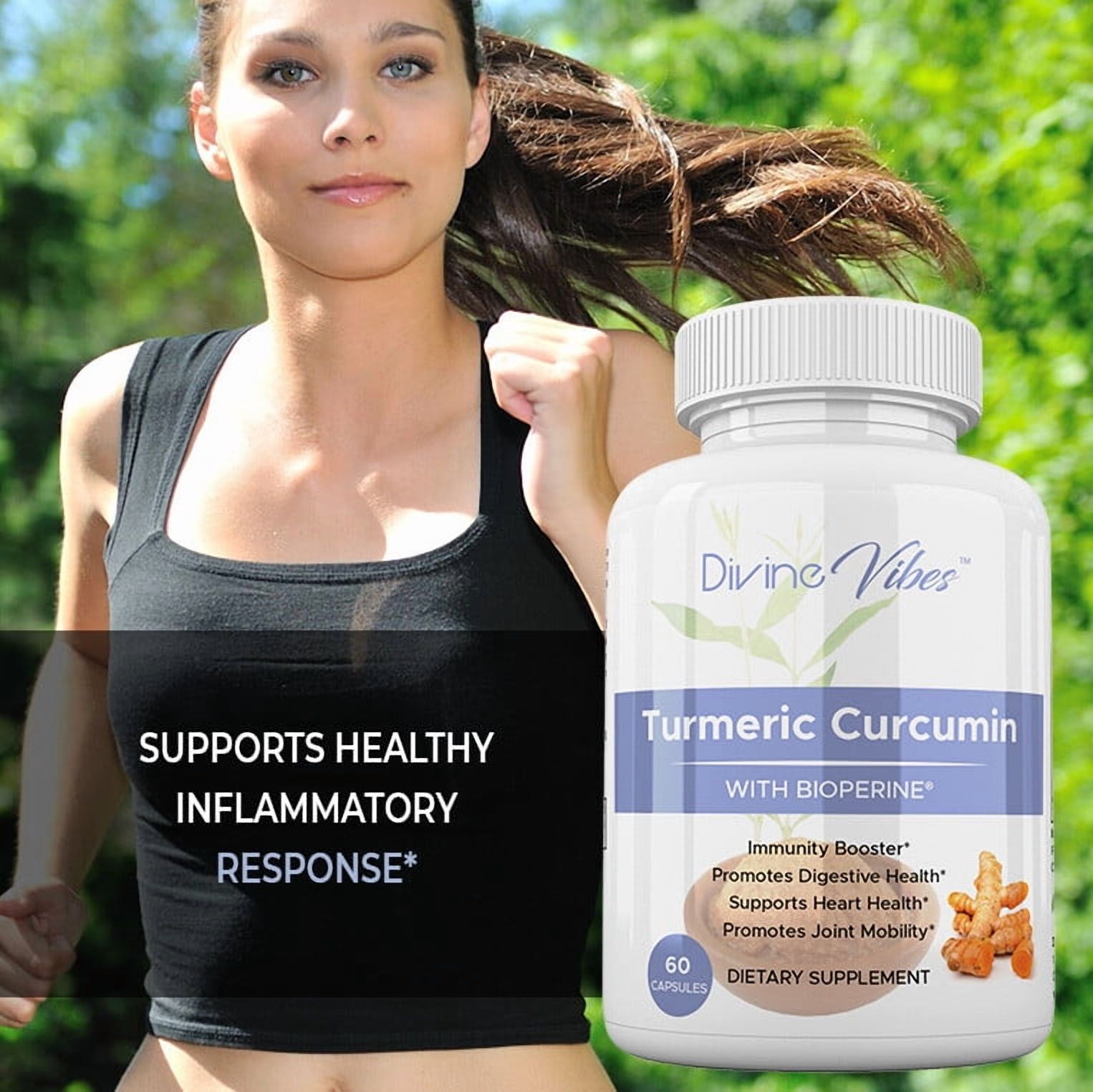 Divine Vibes Turmeric Curcumin with BioPerine® Black Pepper Extract – 95% Curcuminoids, Supports Joint, Heart & Digestive Health, Non-GMO, Gluten-Free, 60 Capsules, Made in USA