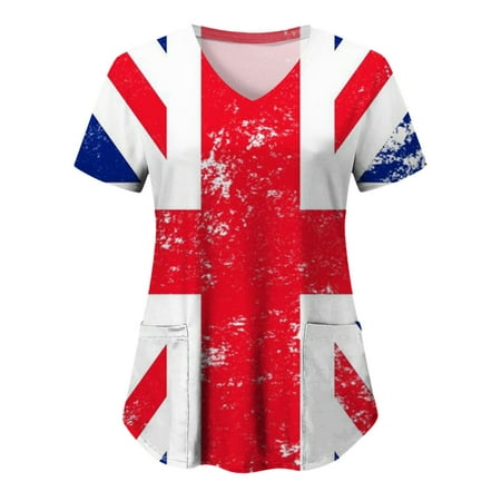 

Women Scrubs Top Casual Independence Day Flag Printed Short Sleeve Loose Top With Pocket V-Neck Pocket Carer Suit Uniform Nurses Clothing Workwear