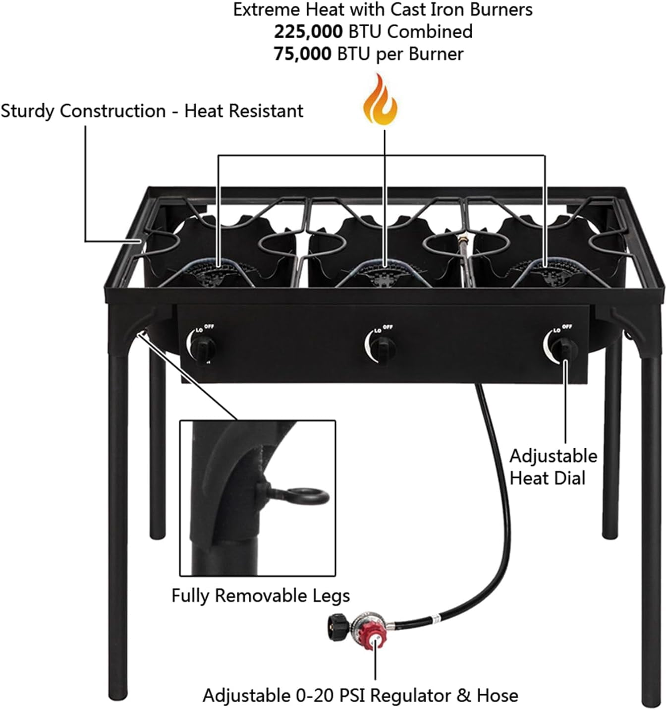 Outdoor Portable Propane Gas Stove with Heavy Duty Cast Iron Burner and Detachable Stand Legs for Camping