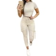 thumbnail image 5 of sunsanly 2Pcs/Set O-neck Short Sleeve High Waist Pockets Sports Outfit Solid Color Crop Top Drawstring Pants Matching Set, 5 of 8