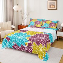 Homewish Chic Flowers 4 Pieces Queen Sheet Sets for Teens Boys Girls,Botanical Plants Leaves Ultra Soft Flat Sheet,Retro Vintage Queen Fitted Sheet,Lightweight Room Decor