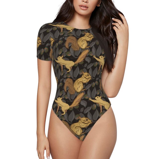 Bingfone Motif Écureuil Rassembleur de Noix Justaucorps à Col Rond pour Femmes, Justaucorps à Manches Courtes à Boutons-Pression, Adapté pour Fête, Sports, Usage Quotidien-Moyen