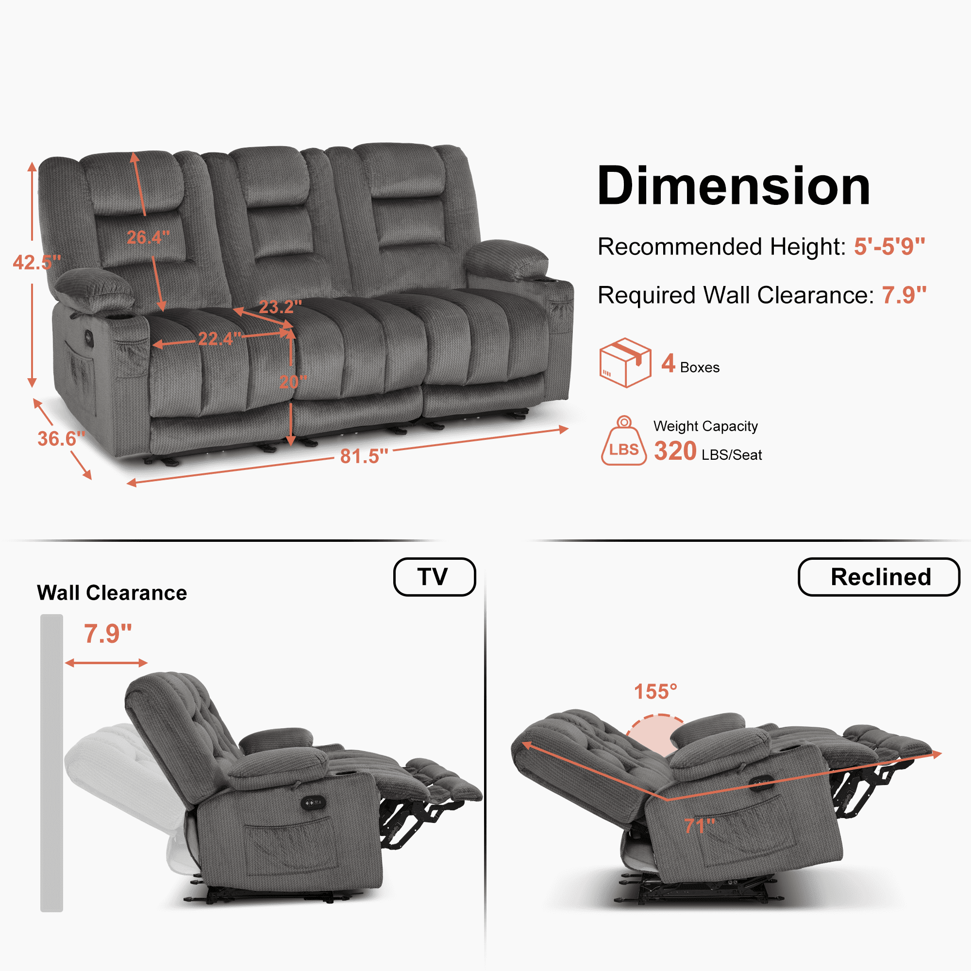 MCombo 3 Seater Zero Gravity Power Reclining Sofa for Living Room, Fabric, Grey