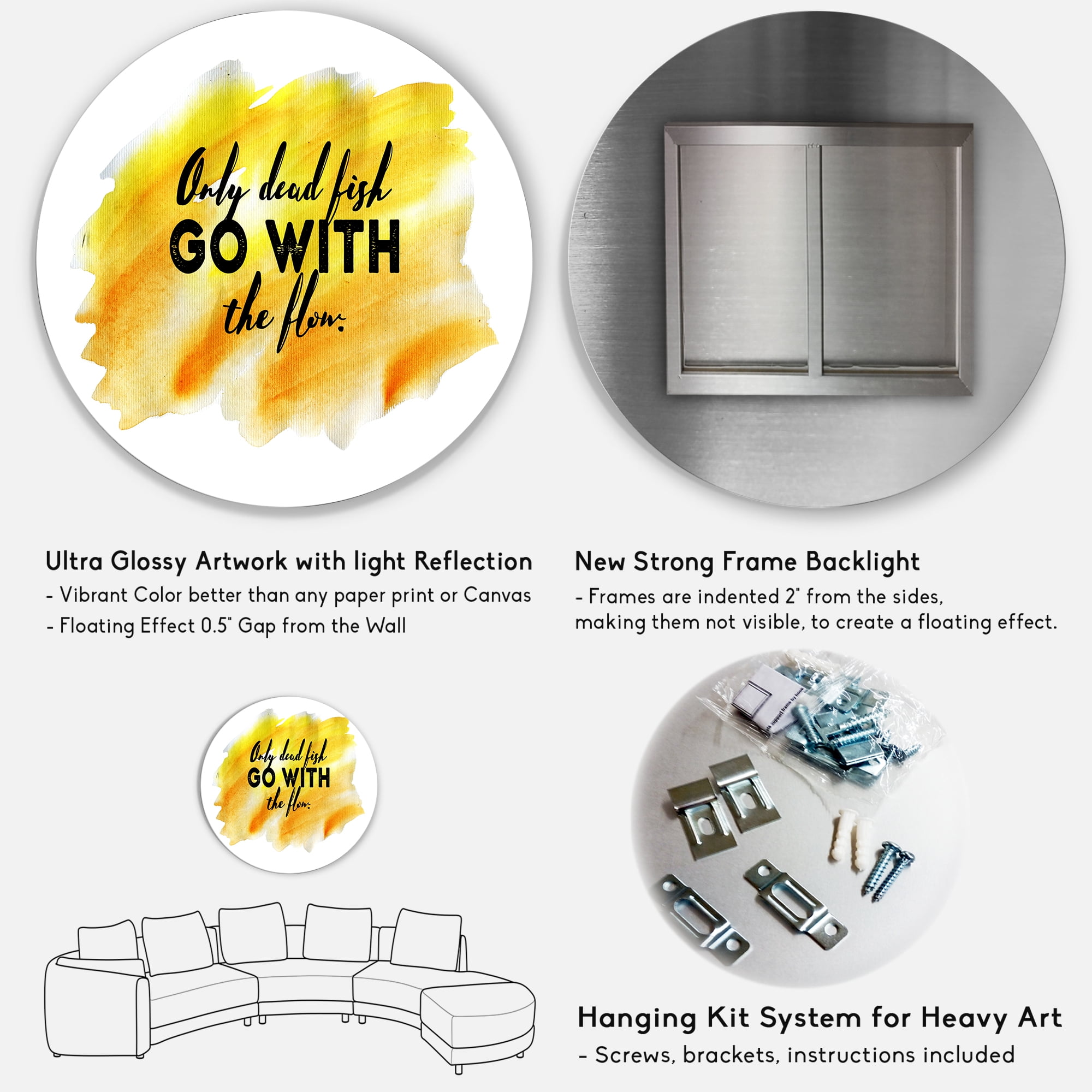 Designart 'Only Dead Fish Go With The Flow On Yellow Strokes' Modern Circle Metal Wall Art 11x11 - Disc of 11