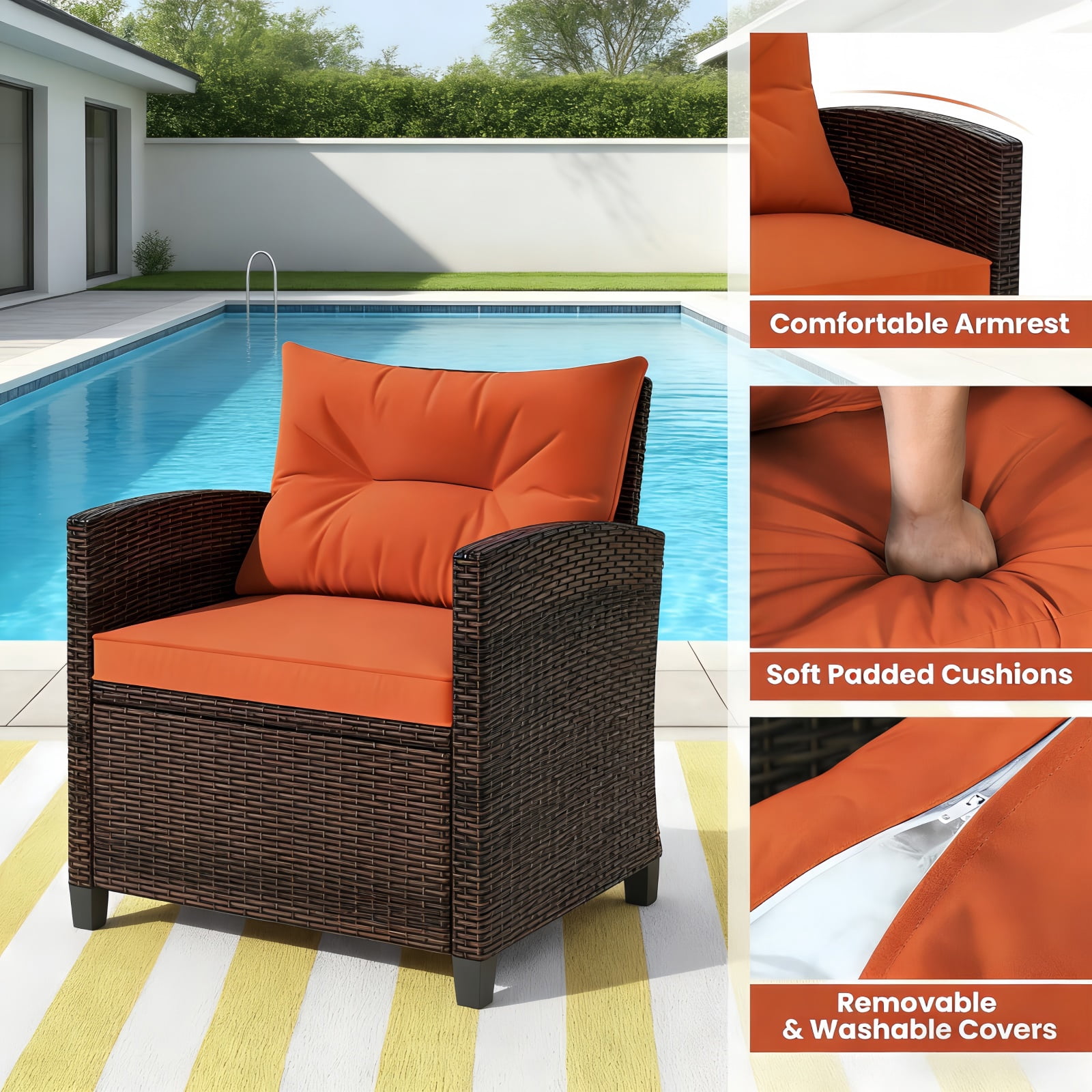 Hommoo 3 PCS Rattan Patio Furniture Set, Outdoor Brown Wicker Conversation Set with Glass Tabletop & Orange Cushion