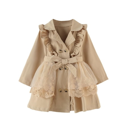 

Sunisery Kid Winter Trench Coat Lace Mesh Long Sleeve Lapel Ruffle Windbreaker Outwear with Belt