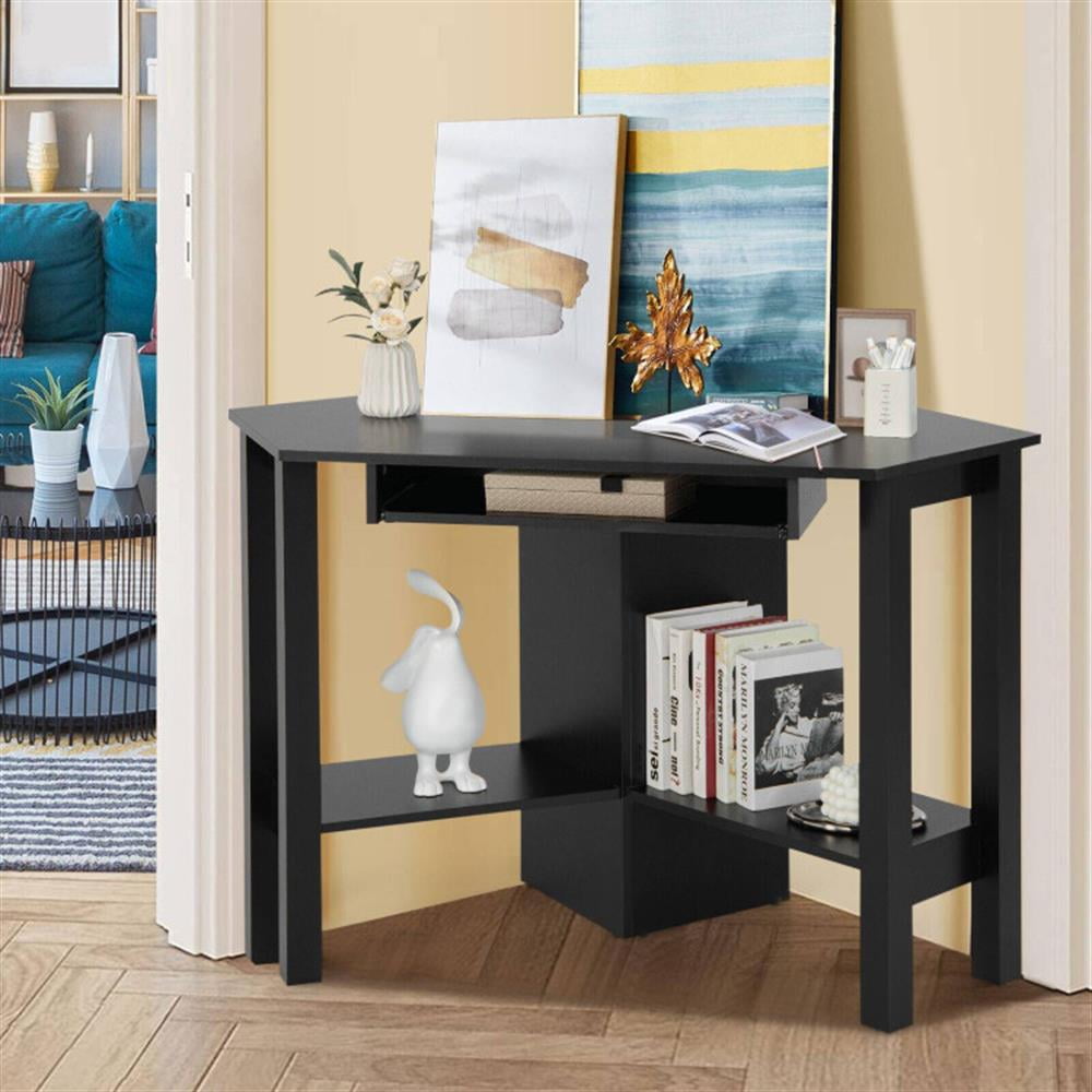 Demi Bonn Wooden Computer Corner Desk with Drawer for Home Office Sturdy Writing Workstation, Black