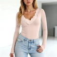 thumbnail image 2 of larppty Long Sleeve Shirts for Women Lace V Neck Ribbed Fitted T-Shirt Dressy Business Casual Blouses 2025 Trendy Fall Tops（Pink，S）, 2 of 7
