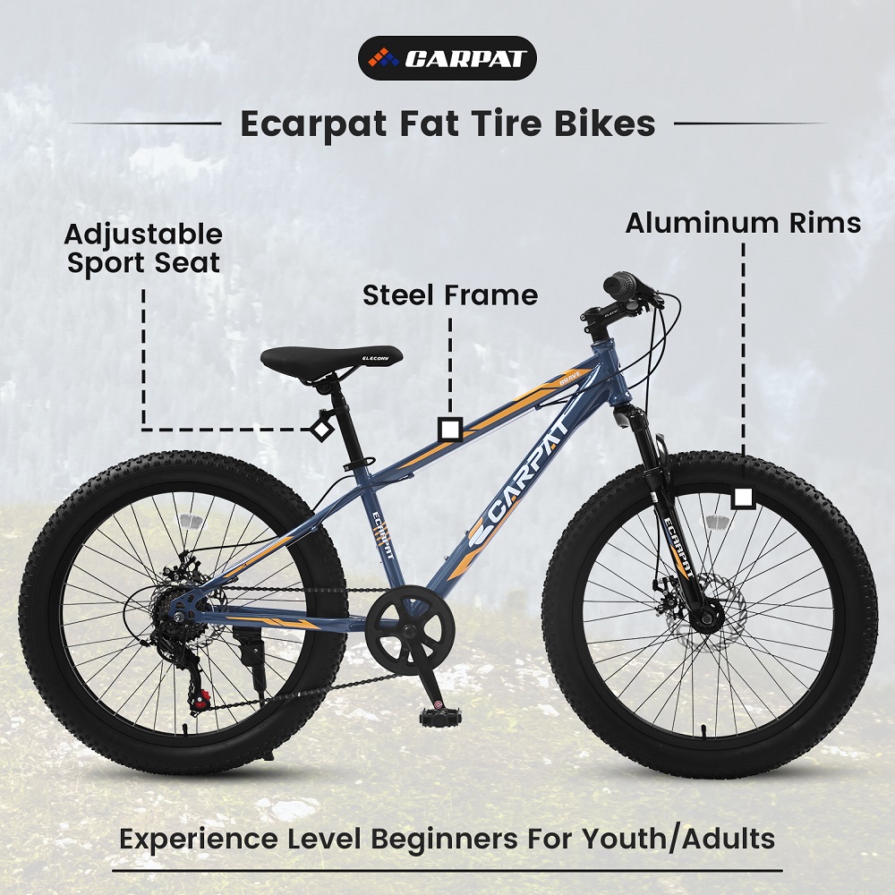 YDSM 24 Inch Fat Tire Bike Full Shimano 7 Speeds Mountain Bike, Dual Disc Brake, High-Carbon Steel Frame, Front Suspension, Mountain Trail Bike, Urban Commuter City Bicycle  Gray