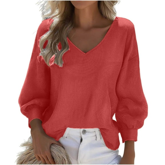 Plebaso Women's V Neck Long Sleeve Tops Oversized Lightweight Solid Color Casual Loose T-Shirts for Women