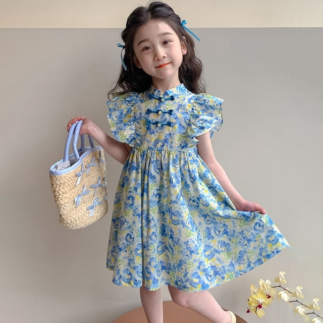 Robe Fille Manches à Volants à Étages Évasée Ligne A Robe d'Été Robe Princesse Robe à Fleurs Robes de Bal pour Filles