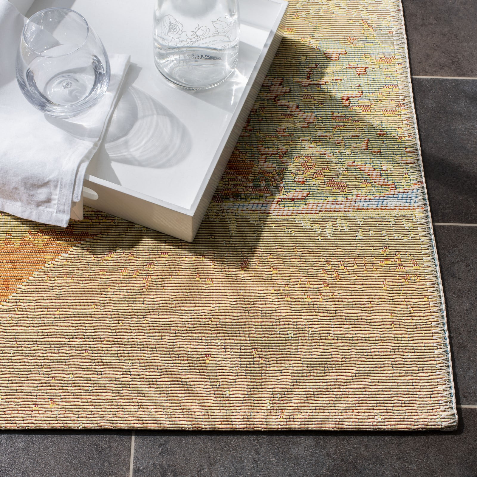 SAFAVIEH Barbados Beach Waves Outdoor Area Rug, 5'3" x 7'6", Gold/Blue