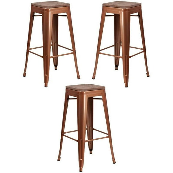 Home Square 30" Backless Metal Bar Stool in Copper and Wood Grain - Set of 3