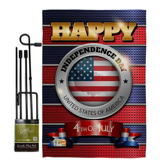 Breeze Decor BD-FJ-GS-111080-IP-BO-D-US17-BD 13 x 18.5 in. Happy Independence Day Americana Fourth of July Vertical Double Sided Mini Garden Flag Set with Banner Pole