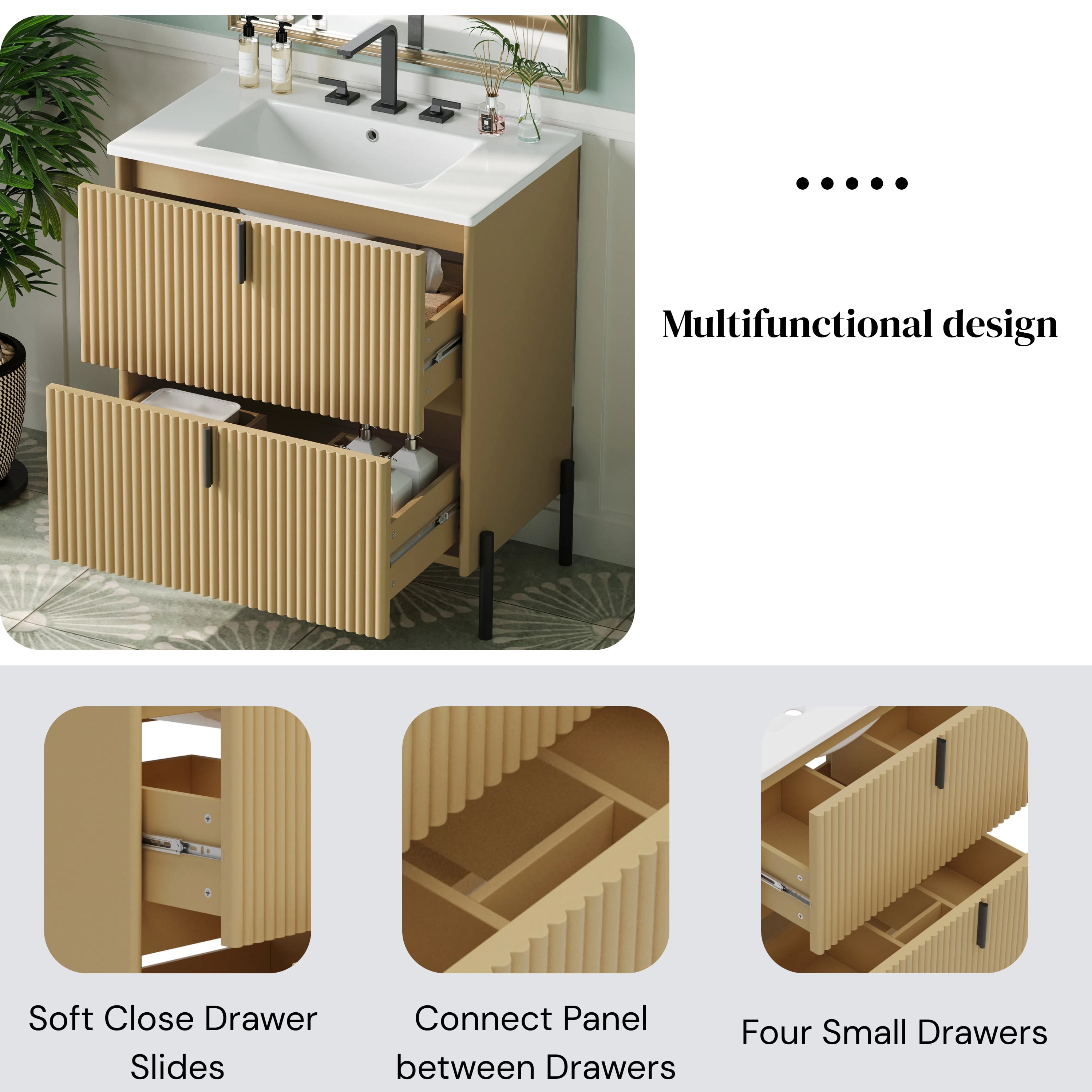30" Fluted Design Modern Freestanding Vanity Cabinet, Modern Bathroom Cabinet with Soft Close Drawers, Freestanding Vanity with Ceramic Sink for Bathroom, Natural