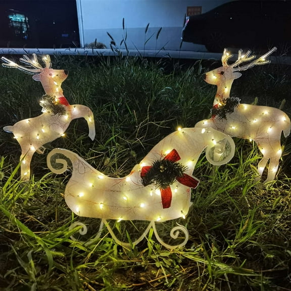 Set of 3 White Reindeer with LEDs Warm White Lights, 2D Light Up Glittered Standing Reindeer Sledge Family for Indoor Outdoor Yard Lawn Decoration
