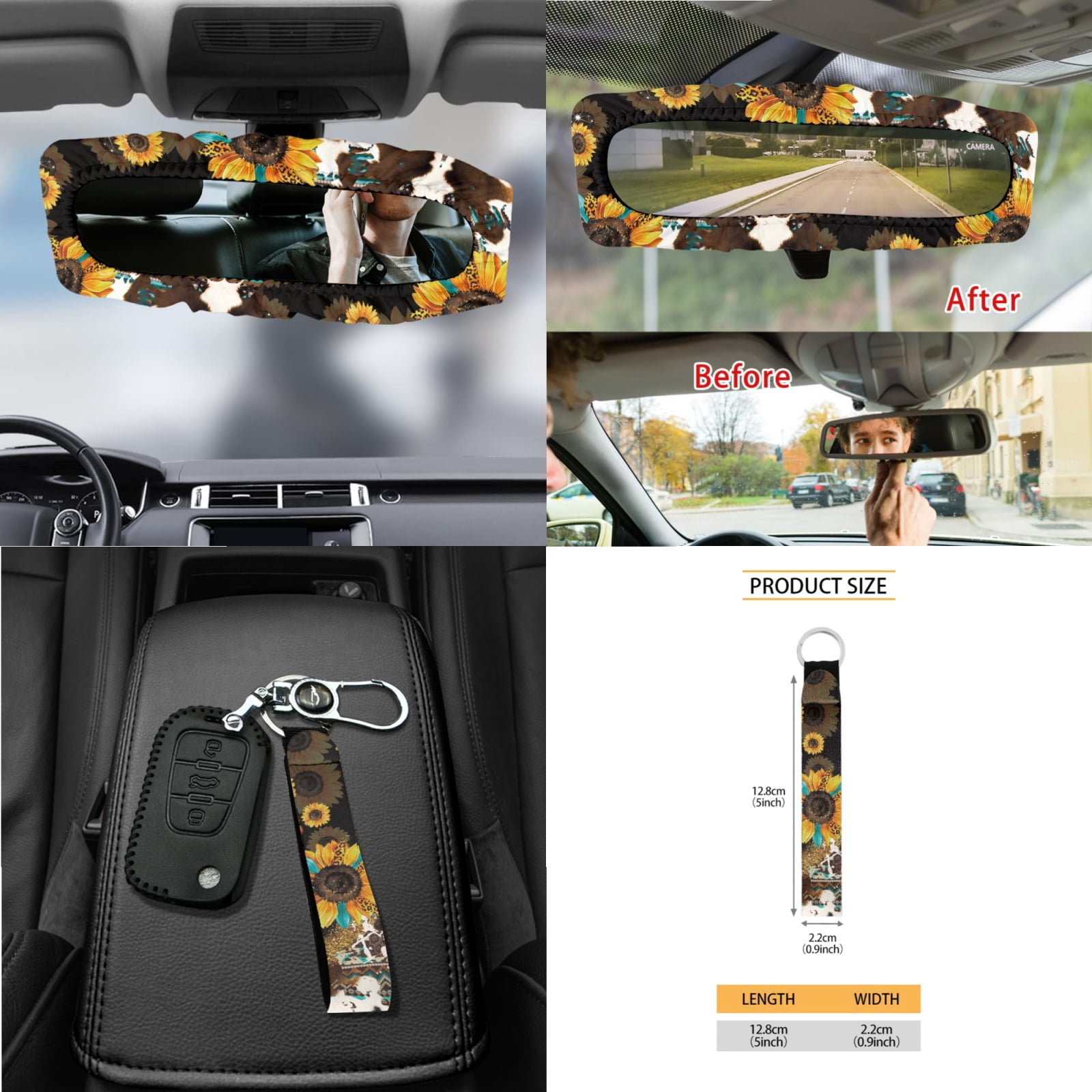 Garronmavis Aztec Sunflower 15 Pack Car Accessories Sets 4 Pieces Car Seat Covers Steering Wheel Cover Keychain Car Trash Bag Car Pouch Organizer Auto Rear View Mirror Covers Car Coasters