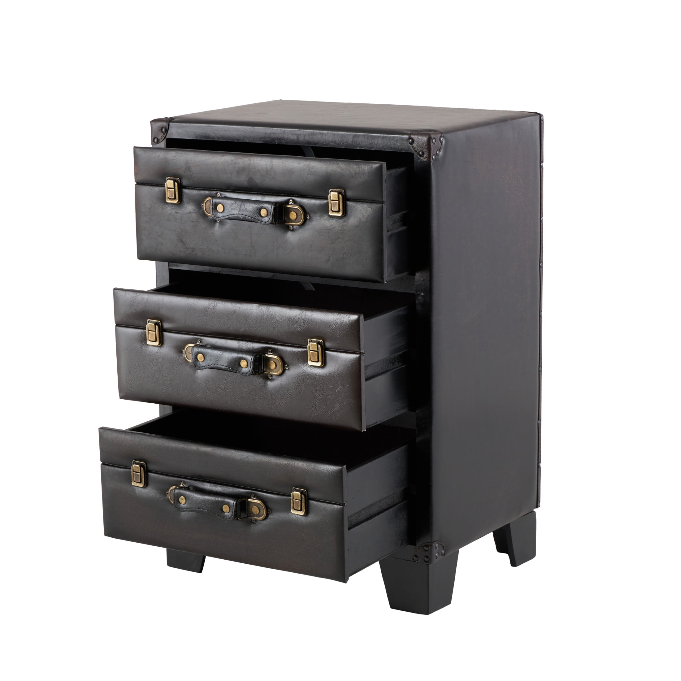 DecMode 19" x 28" Dark Brown Faux Leather Vintage Faux Leather 3 Drawer Chest with Gold Buckle and Strap Accents, 1-Piece