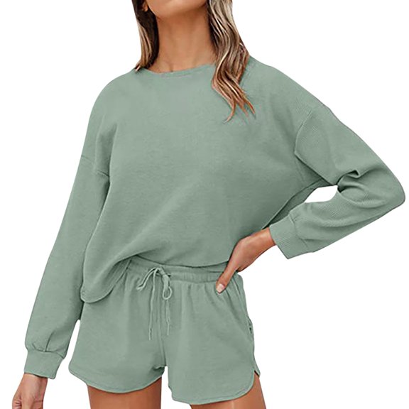 Women's Casual 2 Piece Outfits Solid Crewneck Long Sleeve Top and High Waisted Drawstring Shorts Sets Tracksuits