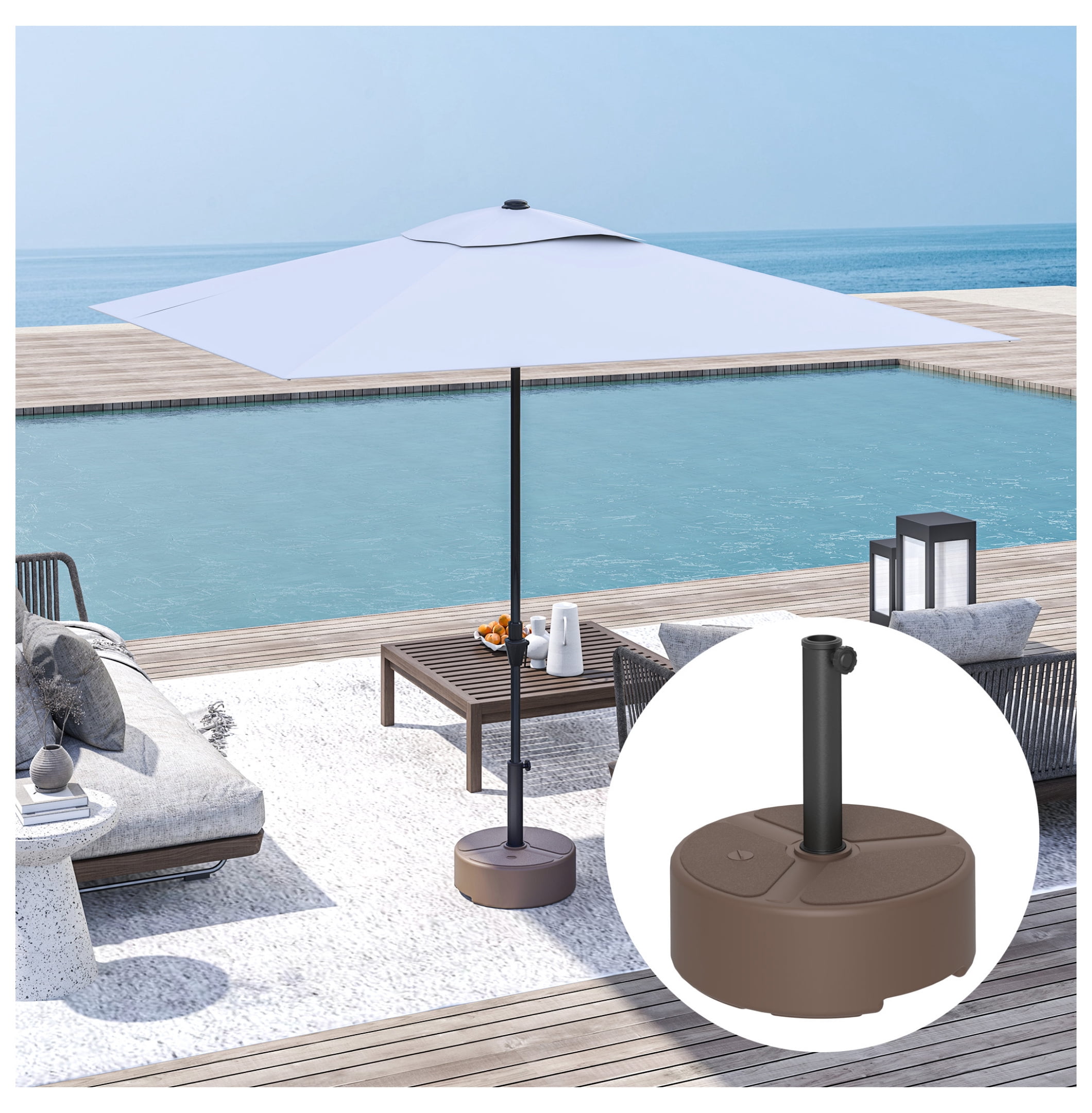 Round Patio Umbrella Base Holder, Heavy Duty Outdoor Umbrella Stand Base, Filled Up to 44lbs with Stand or 40lbs with Water for Garden, Poolside, Brown