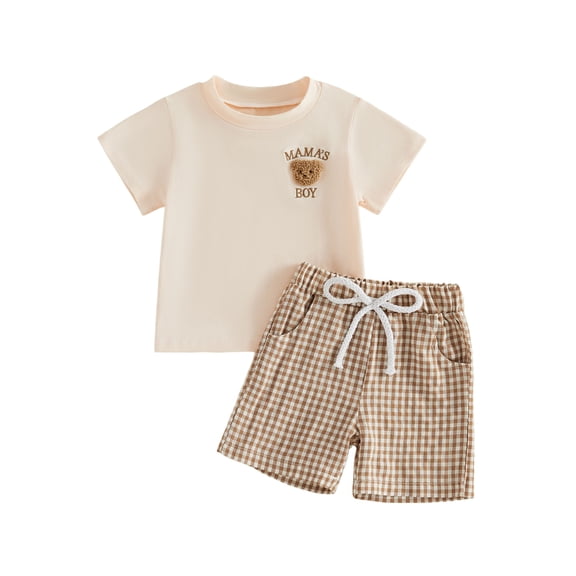 BemeyourBBs Toddler Baby Boys Mama's Boy Outfit Infant Baby Boy Summer Clothes Short Sleeve Embroidery Bear T-shirt with Elastic Waist Shorts Set Toddler Summer Outfit